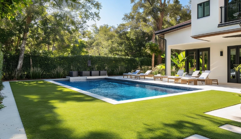 Poolside artificial turf installation at a Dallas home